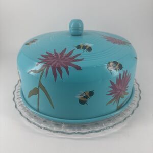 Vintage Aluminum Cake Lid Cover & Platter Handpainted Bees Flower 10” Diameter